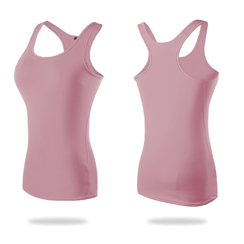 Elastic women's pink tank top for gym, fitted fitness wear showcasing front and back view, crafted with breathable polyester and spandex.